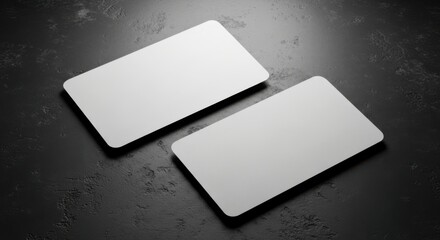 Two blank white rectangular cards placed angled on a dark textured surface