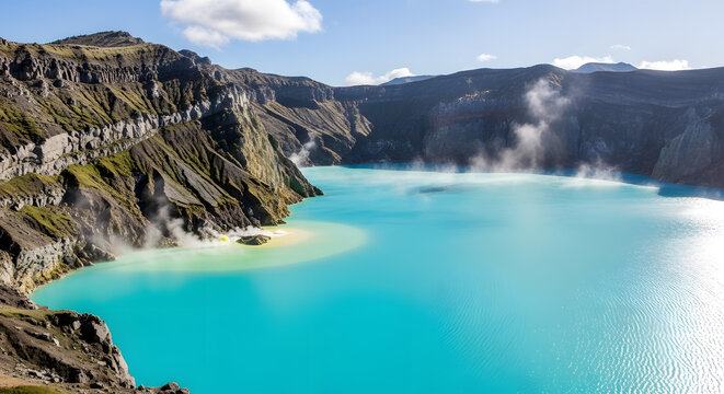 Turquoise Crater Lake Surrounded by Steep, Rocky Volcanic Cliffs Emitting Steam caldera turquoise water