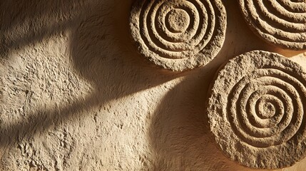 Intricate spiral designs carved into weathered stone discs are illuminated by sunlight, casting dramatic shadows on a rough, textured surface, evoking a sense of history 
