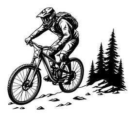 Naklejka premium Mountain Biker Riding Downhill Vector Illustration, Mountain Biking, Extreme Sport, Downhill, Bicycle, Adventure