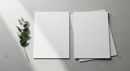 Blank white greeting cards and a sprig of eucalyptus casting soft shadows on a textured surface