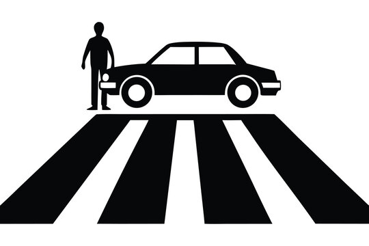 Pedestrian Crossing Symbol with Silhouette of Person Next to Black Car Illustration Design