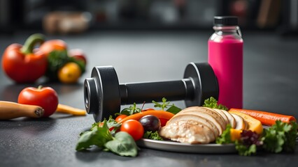 fresh vegetables and a glass jar gym fitness theme, dieting and exercise