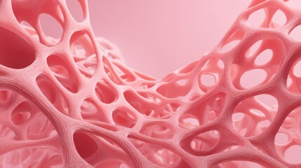 This artwork features an intricate network of soft pink cellular structures showcasing their detailed curves and holes. The design captures a blend of organic and abstract forms.