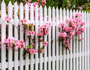 Fototapeta premium Pink azaleas on a white picket fence