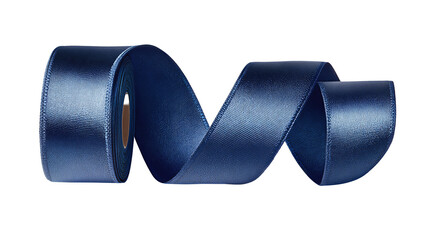 Satin midnight blue ribbon spool with stitched edges and visible cardboard core isolated on transparent background.
