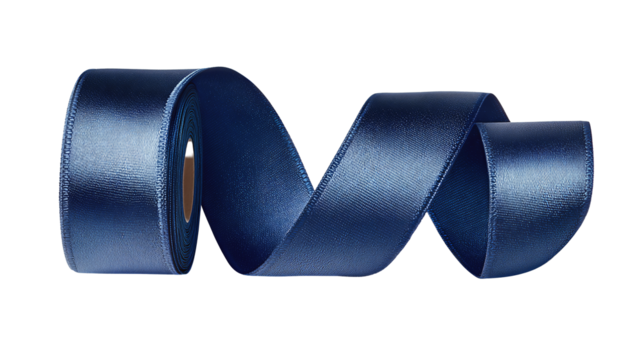 Satin midnight blue ribbon spool with stitched edges and visible cardboard core isolated on transparent background.
