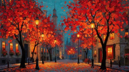 Walking down a charming street lined with vibrant orange trees warm street lamps illuminate the path as the sun sets creating a peaceful inviting atmosphere.