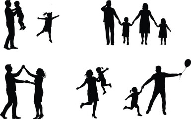 Silhouettes of families and children enjoying activities on white background Keywords: family
