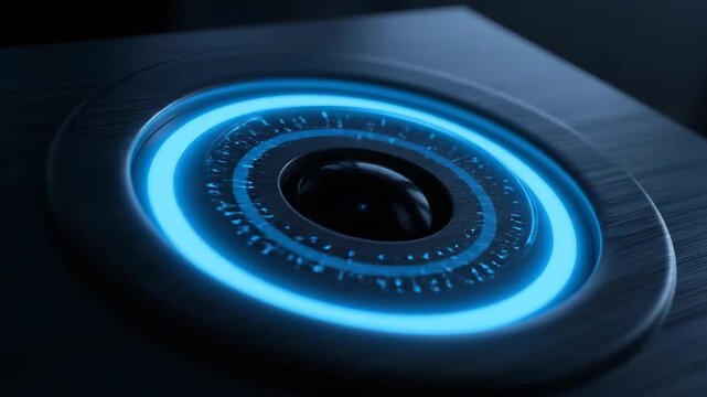Futuristic glowing blue interface with intricate digital patterns, suggesting advanced technology and innovation.