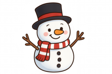 Cute snowman cartoon, featuring a carrot nose, black buttons, and stick arms, symbolizing christmas and winter season