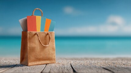 Vibrant shopping bag filled with colorful samples rests on a weathered wooden pier against a stunning turquoise ocean backdrop, evoking summer vacation desires.