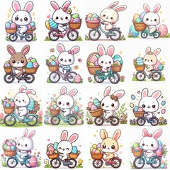 set compilation of cute cartoon illustration easter bunny on bicycle and eggs in baskets on the bike front and back on white background