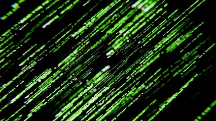 Futuristic green digital rain pattern on dark background, matrix-style cyber code concept for technology and programming themes. 3D rendering.