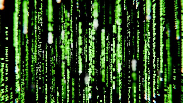 Futuristic green digital rain pattern on dark background, matrix-style cyber code concept for technology and programming themes. 3D rendering.