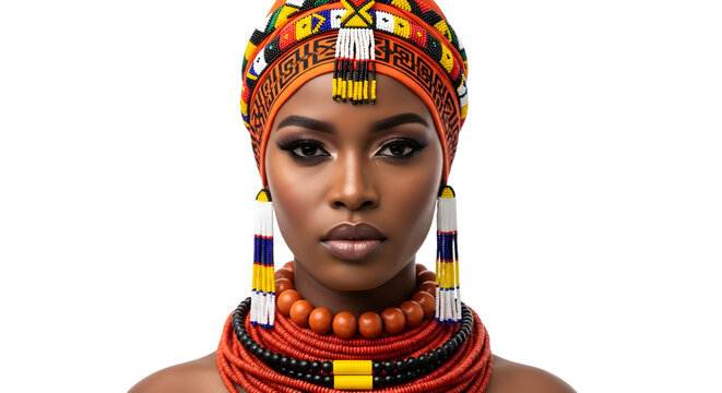 Beautiful zulu woman wearing traditional attire and headdress, isolated on transparent background
