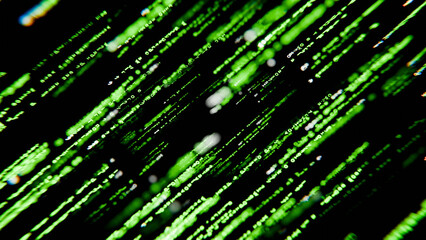 Futuristic green digital rain pattern on dark background, matrix-style cyber code concept for technology and programming themes. 3D rendering.