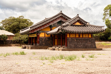 Traditional Korean temple building with tiled roof, Jeju Island, South Korea
