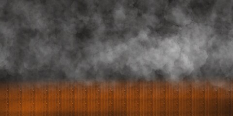 Background of empty dark scene with wooden old floor, light smoke. Dark abstract background