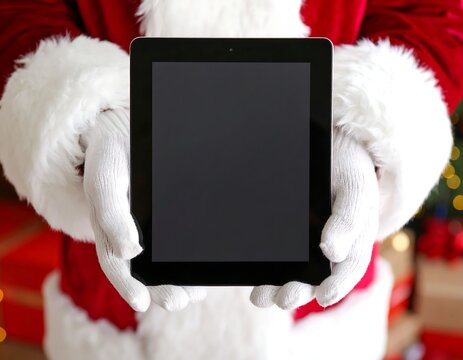 Santa Claus holding a tablet