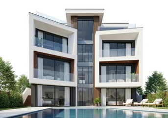 Modern luxury residence with swimming pool isolated on white background