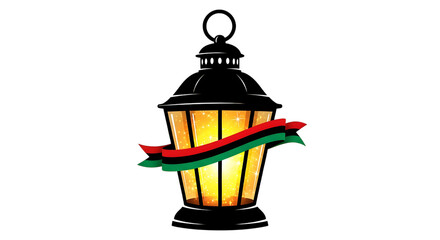 A black lantern with a red, green, and black ribbon isolated on transparent background