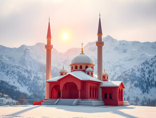 Origami-Style Digital Painting of a Snowy Mosque in Majestic Mountains
