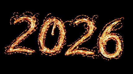 Figures "2026" written in volume in minimalist luxury style shows bright number symbols for graphic design. Figures "2026" written in volume in minimalist luxury style glows on black backdrop,