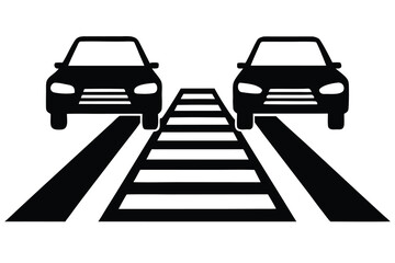 Two Black Cars Approaching a Zebra Crossing, White Background Minimalist Illustration