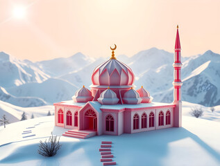 Origami-Style Digital Painting of a Snowy Mosque in Majestic Mountains