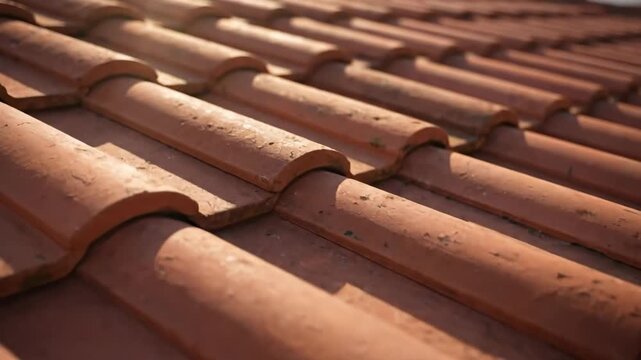Clay Roof Tile Texture - Close-up shot of a roof covered with red clay tiles. The tiles are arranged in a parallel pattern, showcasing their texture and the way they overlap.