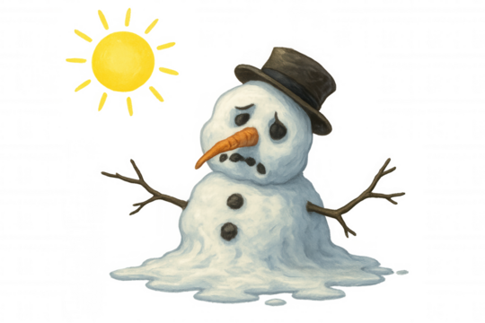 Melting snowman illustration in sun, experiencing heat and global warming, climate change concept with transparent background