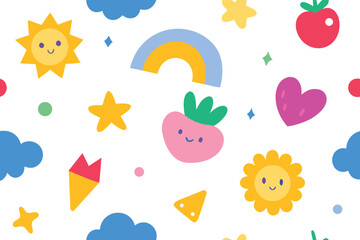 Fototapeta premium Whimsical Pattern Cute Sun, Rainbow, Strawberry, Clouds, Star, Heart and Apple Illustration on White