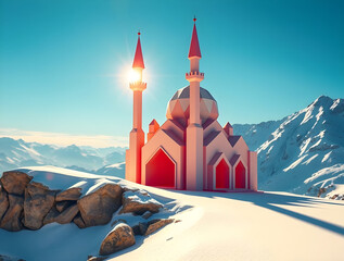 Origami-Style Digital Painting of a Snowy Mosque in Majestic Mountains