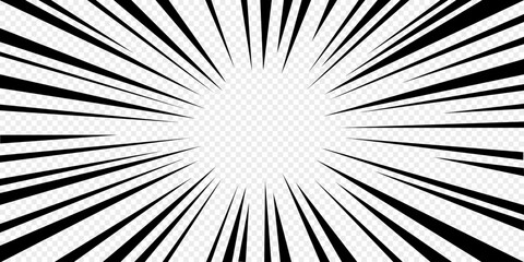 Speed line comic background with black rays on transparent Speed effect background in comic style for anime posters, stickers, covers, and dynamic graphic designs.