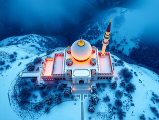 Origami-Style Digital Painting of a Snowy Mosque in Majestic Mountains