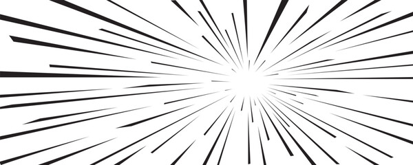 Line speed effect with long black rays on white comic background. Speed motion effect in comic style for anime posters, stickers, covers, and energetic graphic designs