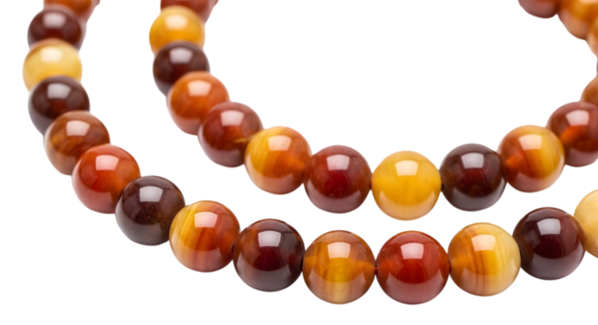 Closeup of two strands of tiger eye gemstone beads isolated on transparent background
