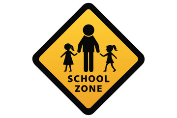 Yellow Diamond School Zone Warning Sign with Person and Two Children Images