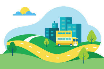 Fototapeta premium Yellow DoubleDecker Bus Driving Through Green Landscape Towards Modern City, Under Bright Sunlight