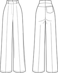 Women wide leg pants technical fashion vector flat sketch front and back view template for apparel design illustration