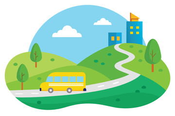 Naklejka premium Yellow School Bus Driving on Road Towards Cityscape with Cartoonish Trees and Clouds