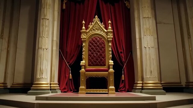Ornate royal throne on a dais with velvet curtains