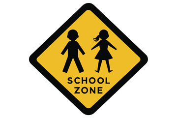 Yellow School Zone Sign with Silhouetted Boy and Girl Pedestrians Crossing Symbol on White