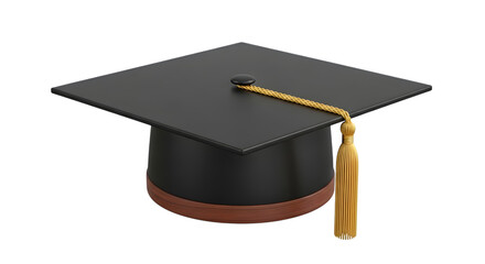 A black graduation cap with a gold tassel, isolated on a transparent background