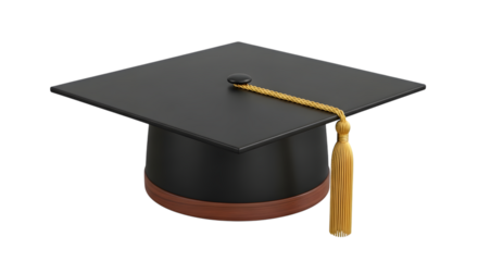 A black graduation cap with a gold tassel, isolated on a transparent background