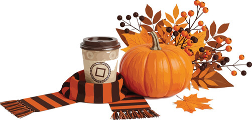Autumn still life with pumpkin coffee cup scarf leaves and berries on white