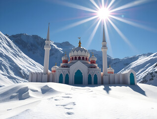 Origami-Style Digital Painting of a Snowy Mosque in Majestic Mountains