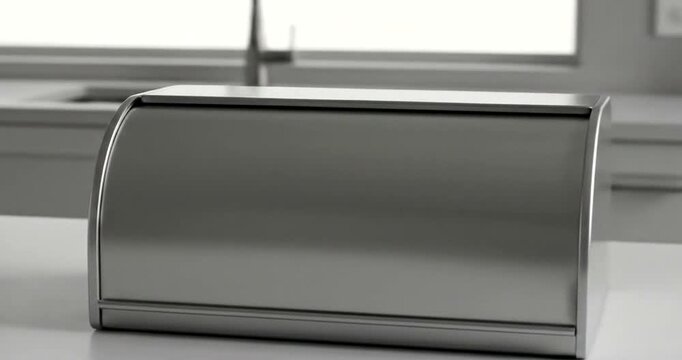 Modern Stainless Steel Bread Box on a Kitchen Counter.