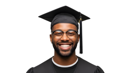 A smiling african american man wearing a graduation cap and gown, isolated on transparent background
